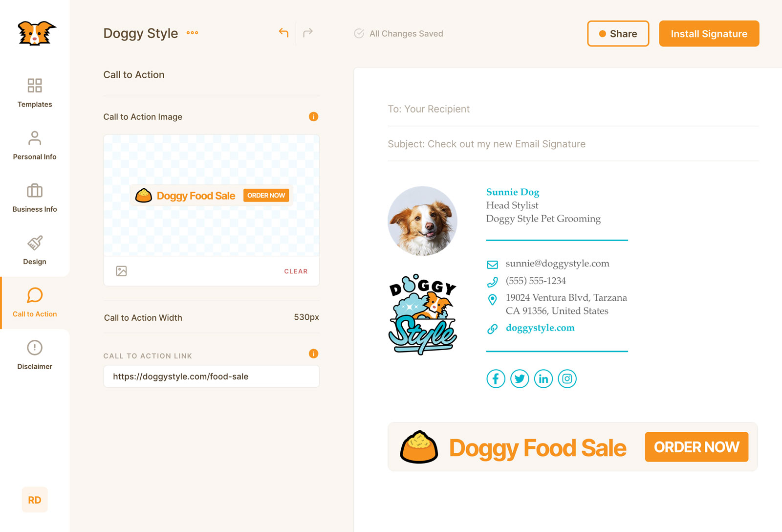Screenshot of siganture with dog food sale call to action image